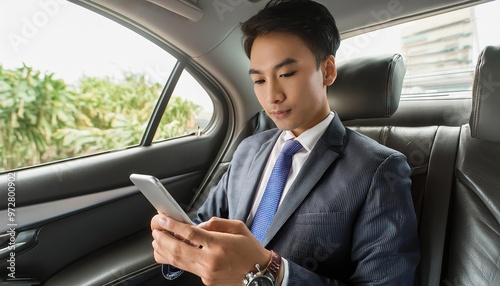 Businessman inside of a car looking at the mobile phone