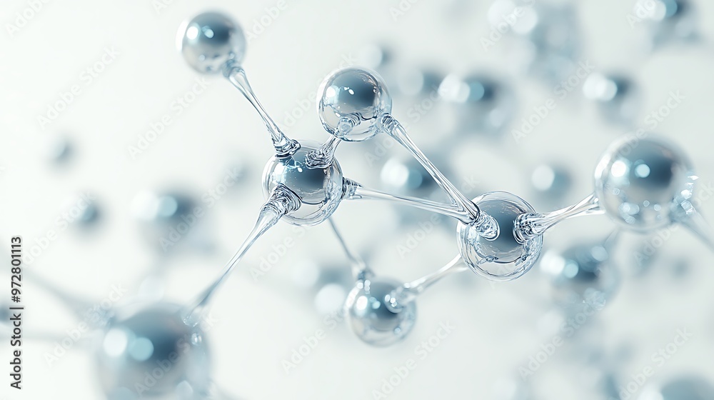 Complex molecular network with transparent, reflective spheres and fine connecting lines, sharply detailed on a smooth, light background Complex molecular network with transparent, reflective spheres and fine connecting lines, sharply detailed on a smooth, light background