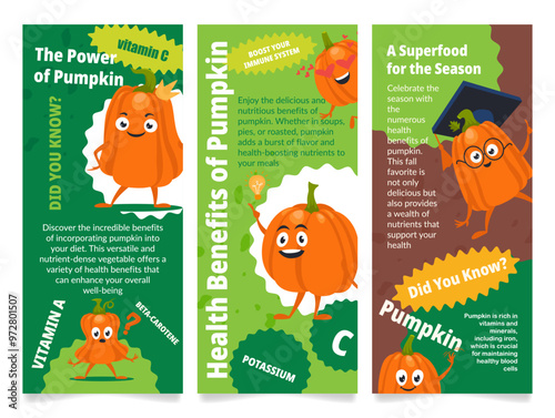 Banners that inform about the incredible health benefits of pumpkin in a fun and educational way, designed to promote healthy eating.