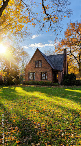 A brick house with a large window sits in a grassy yard