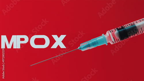 Mpox vaccine vial and syringe on a reflective surface with a red background. photo