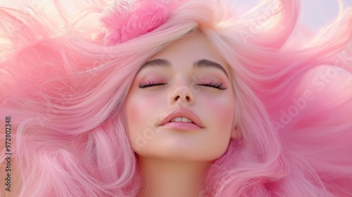 A woman with pink hair and pink makeup is sleeping. The image has a dreamy, whimsical feel to it