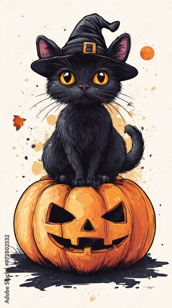 Halloween black cat with pumpkin and witch hat Halloween black cat with pumpkin and witch hat