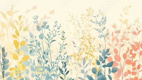 Botanical freshness illustrated in pastel tones Design an illustration or photograph showcasing the freshness of botanical elements using a palette of pastel tones. Include a variety of plants,