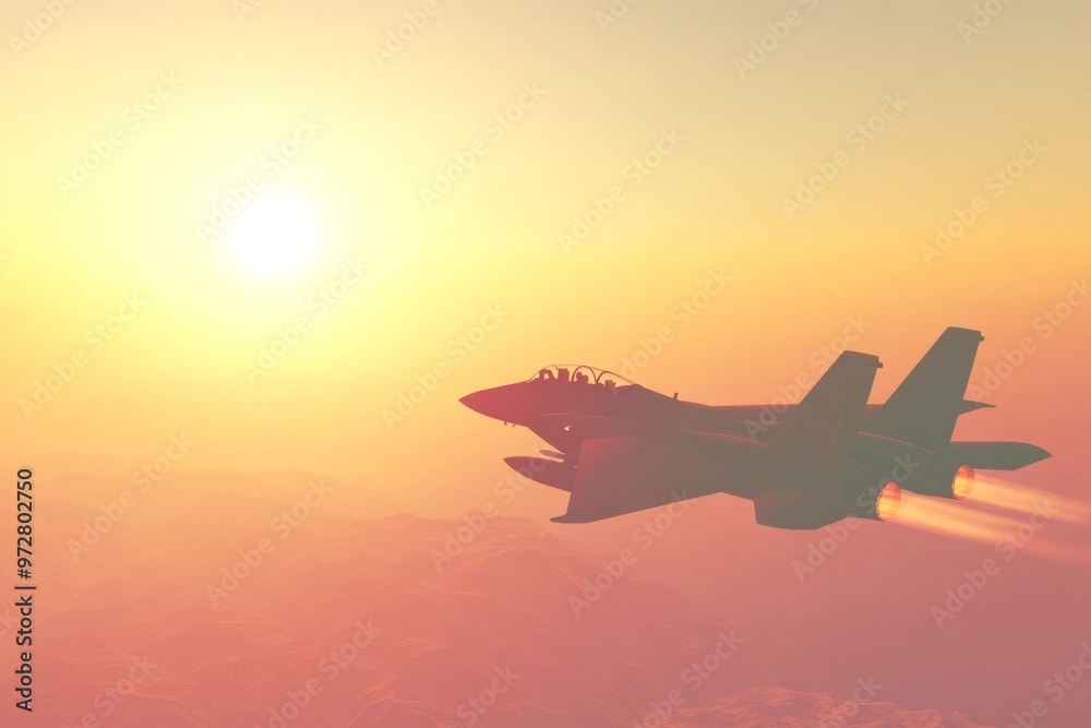A jet fighter performing at a desert landscape at sunset