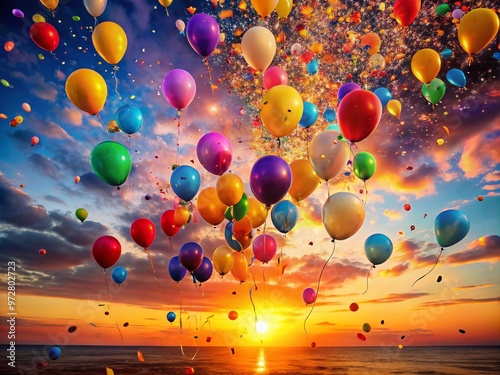 Vibrant sunset background with colorful balloons, confetti, and streamers filling the air, capturing the essence of photo