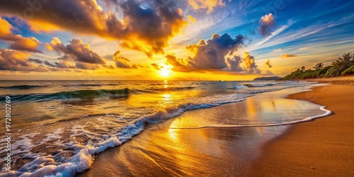 Vibrant sunset casting warm golden light on a tranquil beach with gentle waves, serene atmosphere, and soft focus photo