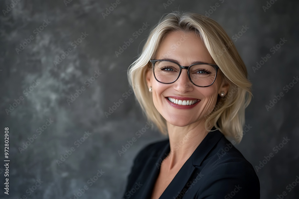 Portrait of a Smiling Woman in Glasses and a Black Blazer