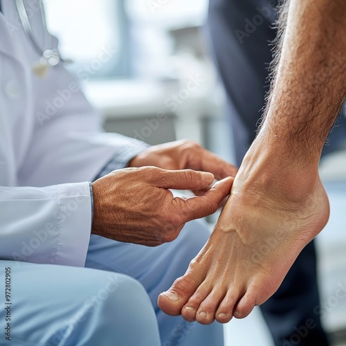 A close-up of a foot examination being performed by a healthcare professional, highlighting the importance of foot care in diabetes management