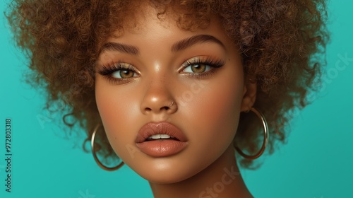 A woman with brown hair and gold hoop earrings is wearing makeup. She has a gold eye shadow and a gold hoop earring