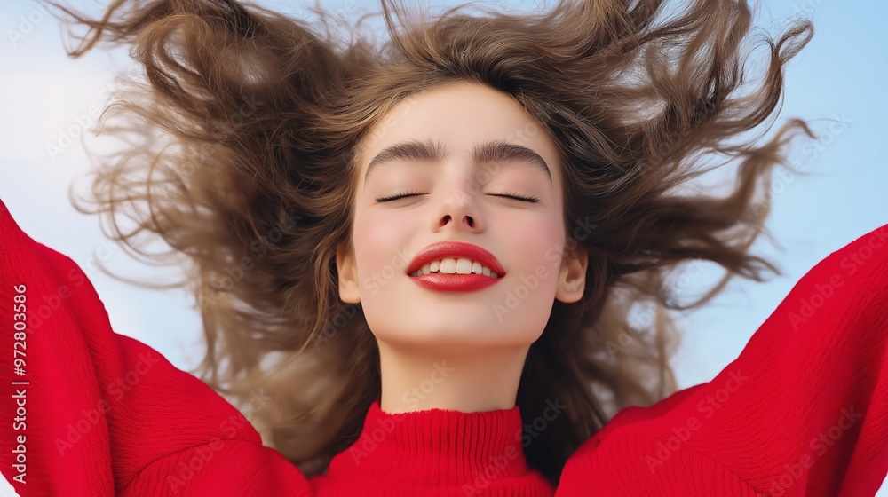 A woman with long hair and red sweater is smiling and looking up. She has red lipstick and her hair is blowing in the wind A woman with long hair and red sweater is smiling and looking up. She has red lipstick and her hair is blowing in the wind