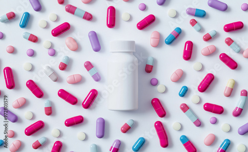 A white medicine bottle surrounded by various colorful pills on a white background.