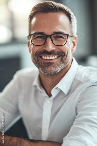 Portrait of a Smiling Man in Glasses and White Shirt