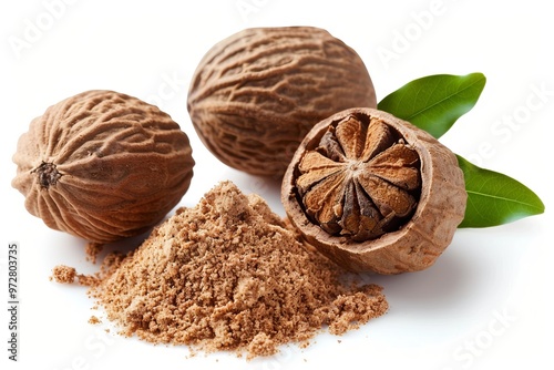 A fresh Nutmeg and Nutmeg Power isolated on white