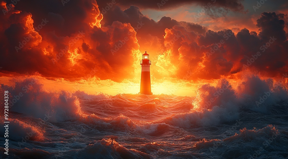 Lighthouse Amidst Tumultuous Waves at Sunset, Symbolizing Hope and Guidance. AI generated illustration Lighthouse Amidst Tumultuous Waves at Sunset, Symbolizing Hope and Guidance. AI generated illustration