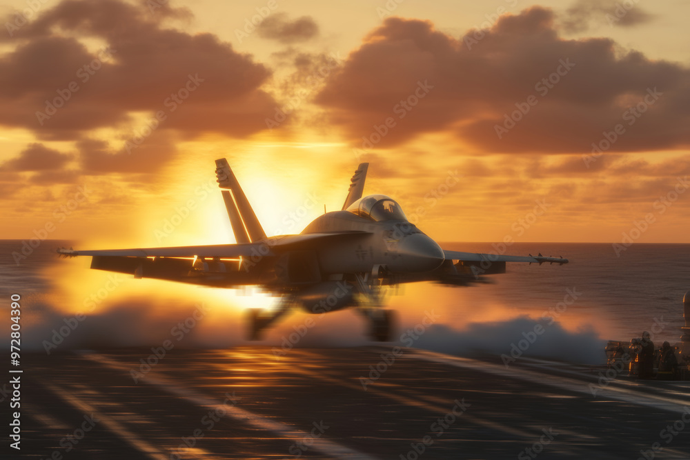 A jet fighter landing on an aircraft carrier at dusk A jet fighter landing on an aircraft carrier at dusk