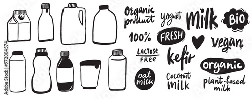 Dairy and lactose free milk product bottles, different shapes and handwritten text. Vegan milk, plant based coconut nilk, ayran, kefir. Hand drawn drawings of packaging and labels, black and white