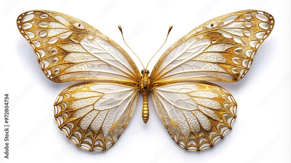 A butterfly with golden wings decorated with delicate white veins, perfectly positioned on white. A butterfly with golden wings decorated with delicate white veins, perfectly positioned on white.