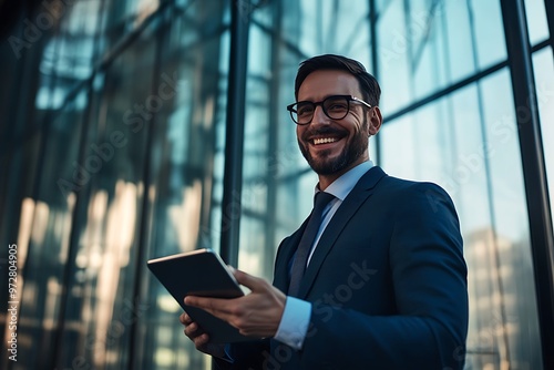 A Smiling Businessman in a Suit Uses a Tablet Device in Front of a Glass Building