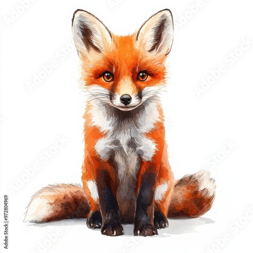 Whimsical Watercolor Portrait of a Charming Fox Cub in Vibrant Hues.