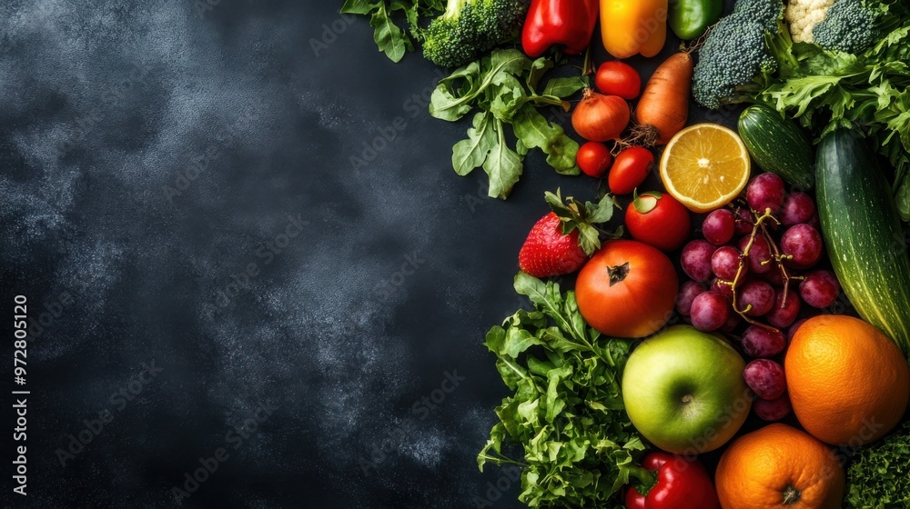 Colorful Selection of Fresh Vegetables and Fruits on a Dark Background Colorful Selection of Fresh Vegetables and Fruits on a Dark Background