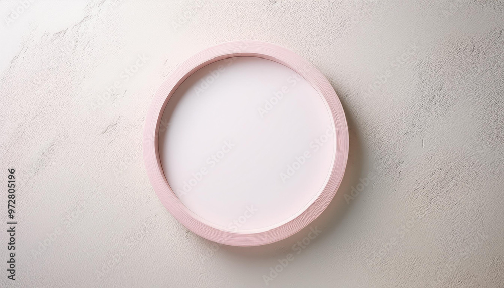 Round frame on textured pastel-toned stucco background. Minimalist display. Mock-up.