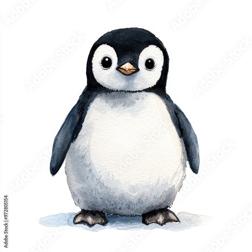 Adorable Baby Penguin Watercolor Illustration on White Background.