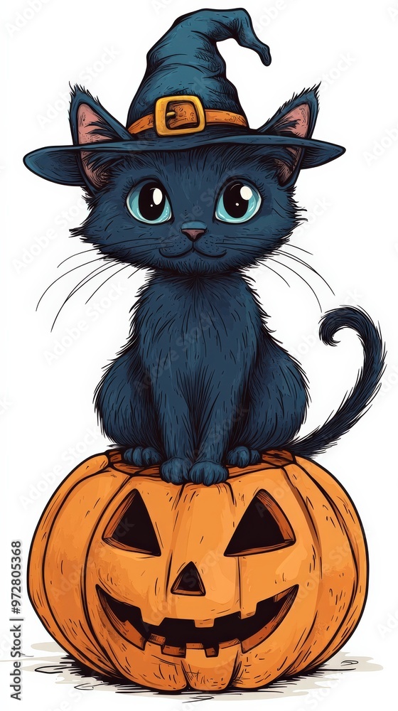 Halloween black cat with pumpkin and witch hat Halloween black cat with pumpkin and witch hat