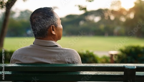 A mature man sits alone on a park bench, reflecting on life among the tranquility of nature