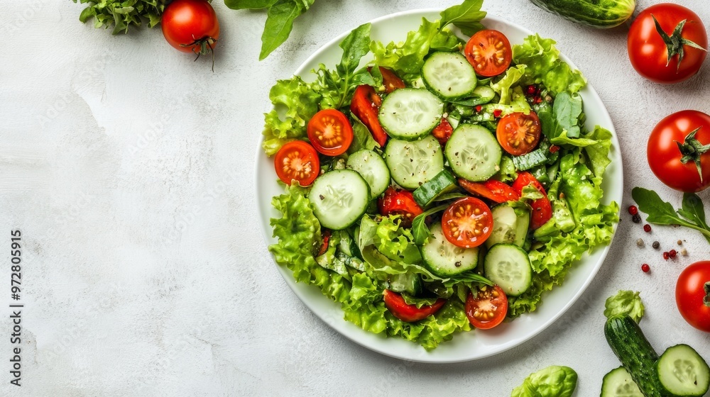 Vibrant Vegetable Salad Arrangement on White Plate with Copy Space for Healthy Eating Concepts Vibrant Vegetable Salad Arrangement on White Plate with Copy Space for Healthy Eating Concepts