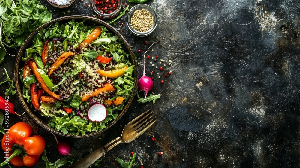 Vibrant Salad Bowl with Fresh Greens, Roasted Veggies, and Quinoa - Top View Food Photography with Copy Space Vibrant Salad Bowl with Fresh Greens, Roasted Veggies, and Quinoa - Top View Food Photography with Copy Space