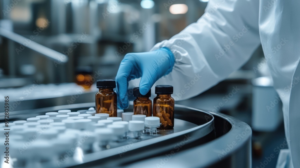 Close-up of a pharmaceutical scientist in sterile gloves, checking medication bottles Close-up of a pharmaceutical scientist in sterile gloves, checking medication bottles