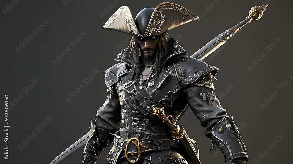 Fototapeta premium 13. **Realistic 3D depiction of an armored pirate warrior with a cutlass and tricorn hat