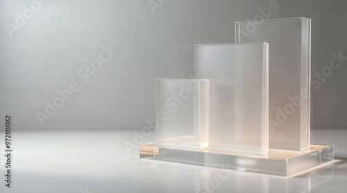 Transparent Acrylic Blocks in Minimalist Setting, Modern Display Stands for Product Showcase on White Surface with Soft Lighting