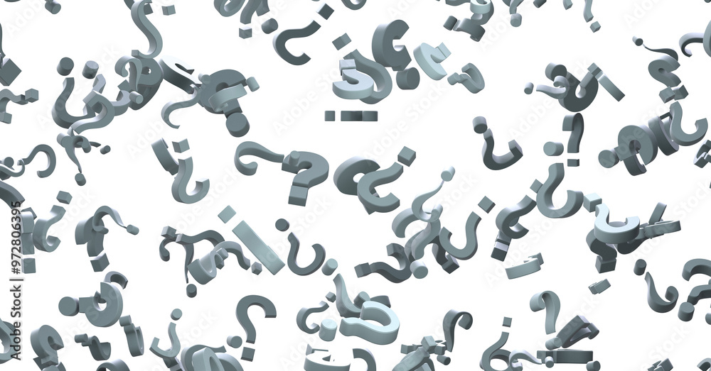 Infinite question marks on a plane, original three dimensional illustration.