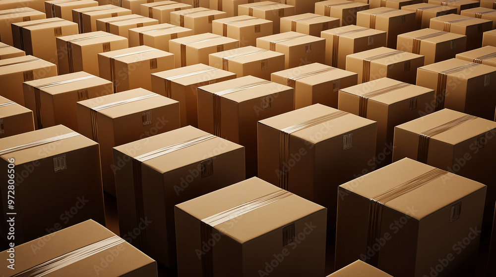 Rows of brown cardboard boxes stacked neatly in a warehouse, ready for shipping. Rows of brown cardboard boxes stacked neatly in a warehouse, ready for shipping.