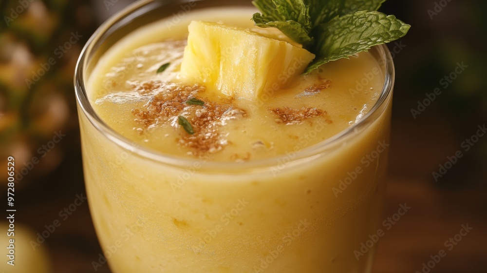 Close-up of a tropical fruit smoothie with a garnish of pineapple and mint leaves, served Close-up of a tropical fruit smoothie with a garnish of pineapple and mint leaves, served