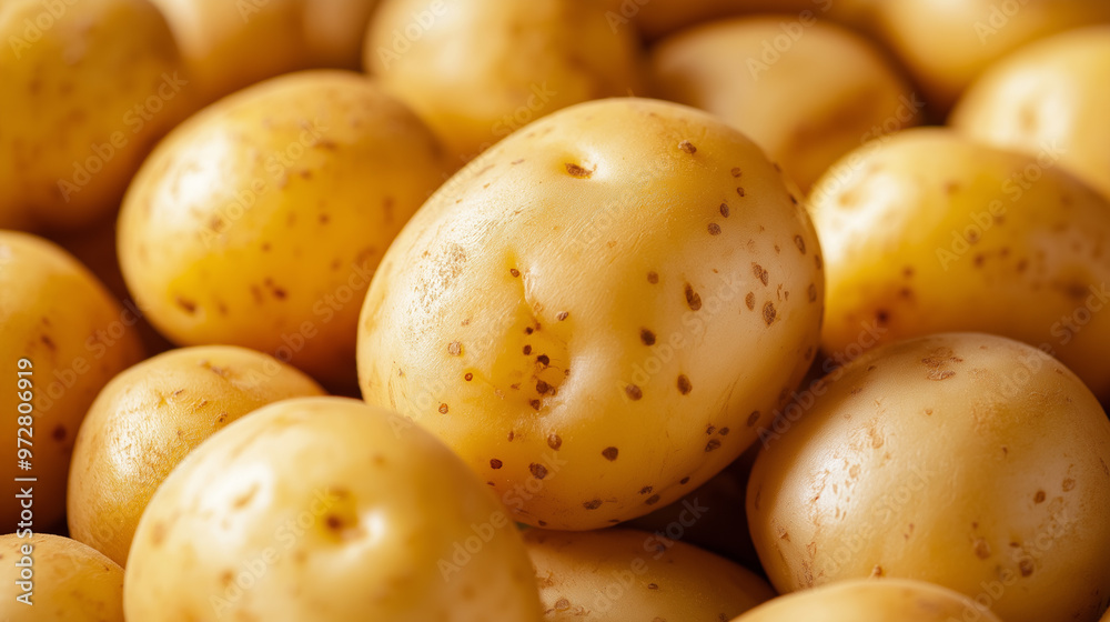 A close-up of freshly harvested potatoes with golden skins, piled together. A close-up of freshly harvested potatoes with golden skins, piled together.