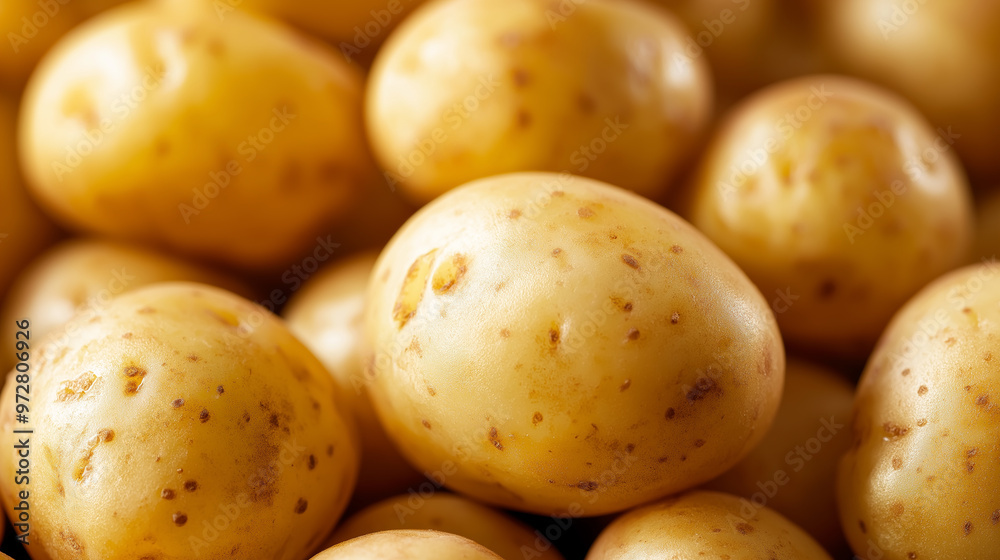 A close-up of freshly harvested potatoes with golden skins, piled together. A close-up of freshly harvested potatoes with golden skins, piled together.