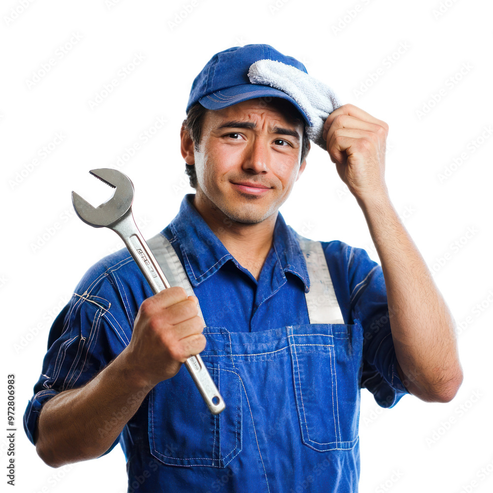 A mechanic holding a spanner and wiping their brow, smiling with a sense of accomplishment. isolated on transparency background A mechanic holding a spanner and wiping their brow, smiling with a sense of accomplishment. isolated on transparency background