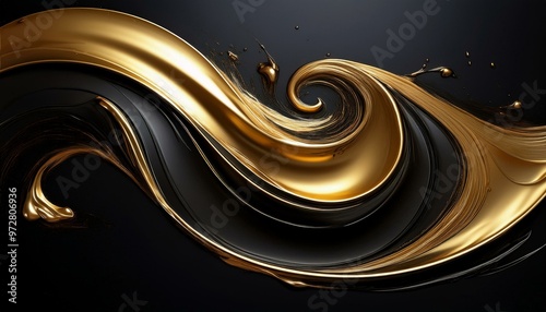 Złoty falujący płyn na czarnym tle. Abstrakcyjne czarno-złote tło. © Monika