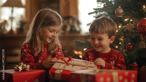 Siblings exchanging presents by a decorated tree, filled with laughter. The holiday atmosphere adds to the cheer.