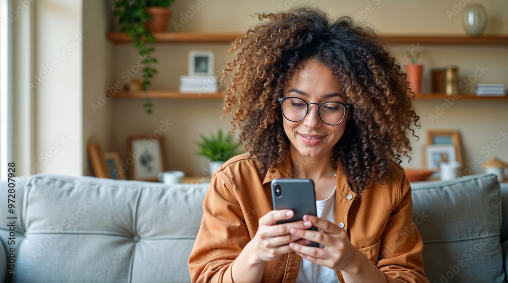 Young African American woman with curly hair and glasses using smartphone at home, smiling while texting or browsing social media in cozy living room with plants and bookshelves Young African American woman with curly hair and glasses using smartphone at home, smiling while texting or browsing social media in cozy living room with plants and bookshelves
