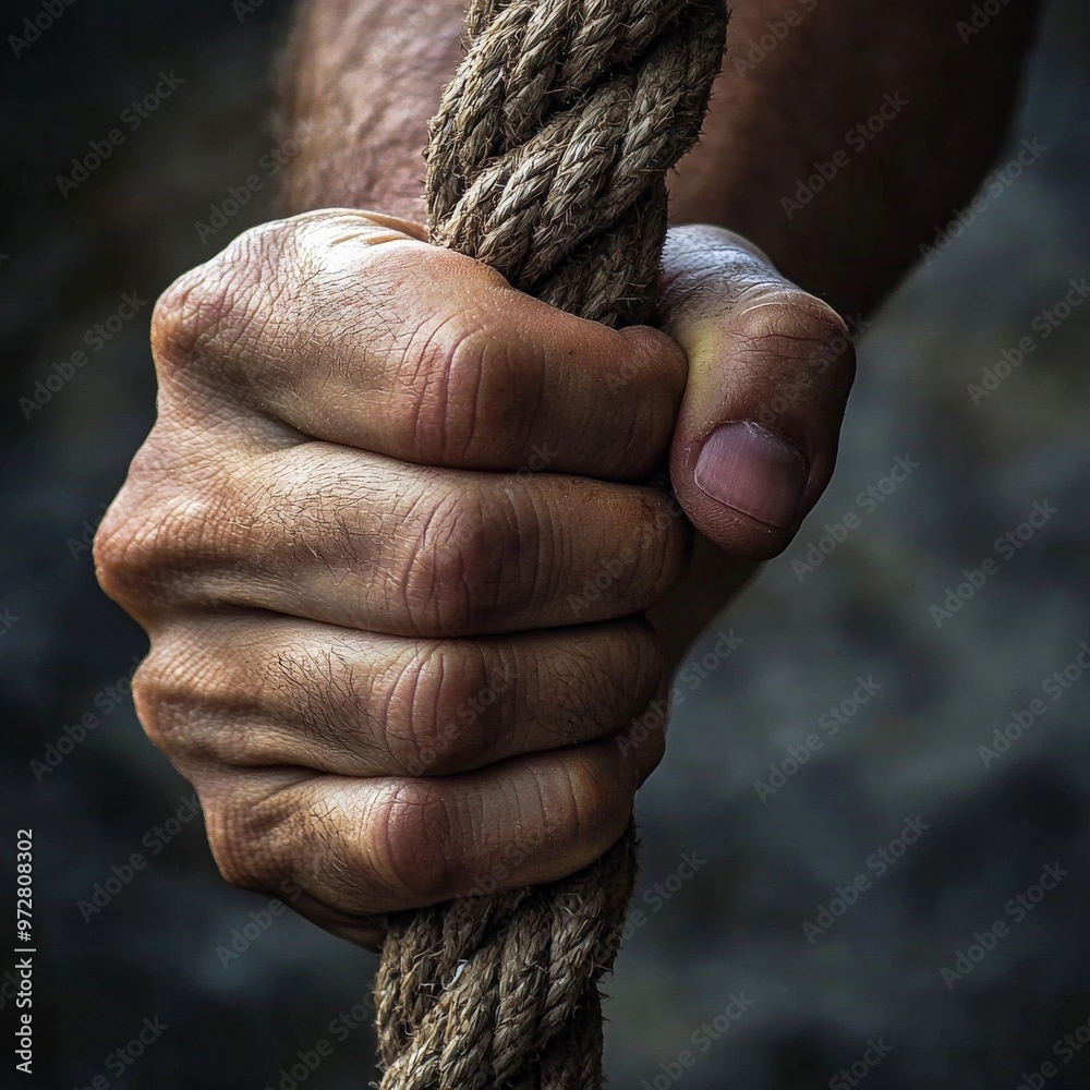 Obraz premium A close-up of a person's hand gripping a rope tightly, veins bulging, symbolizing the intense struggle to hold on