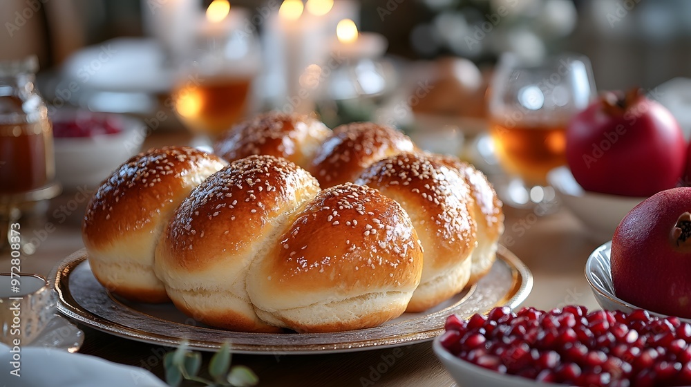 An elegant table with Rosh Hashanah foods like round challah, apples, honey, and pomegranates, symbolizing sweetness and abundance.