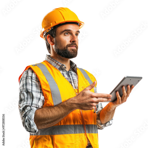 An engineer holding a digital tablet and gesturing towards the screen as if explaining a design. isolated on transparency background photo