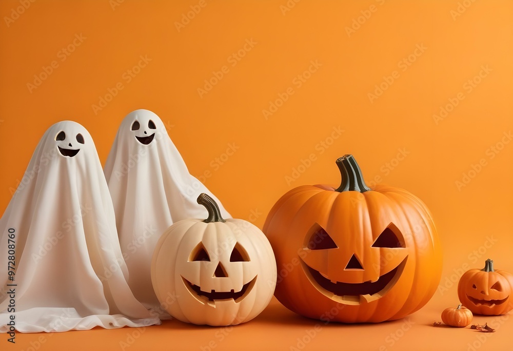 Two ghost figures with smiling faces and a jack-o-lantern pumpkin on an orange background, suggest a Halloween scene Two ghost figures with smiling faces and a jack-o-lantern pumpkin on an orange background, suggest a Halloween scene