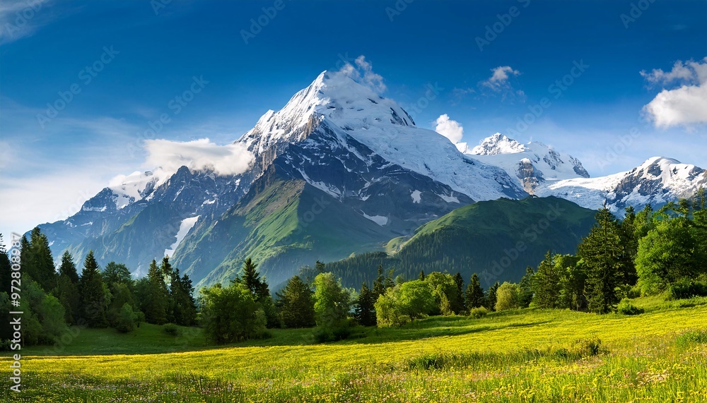 Beautiful summer day with mountain blooming meadows green landscape Beautiful summer day with mountain blooming meadows green landscape