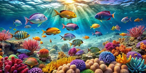 Vibrant underwater scene featuring a diverse school of exotic fish swimming together amidst colorful coral reefs and photo