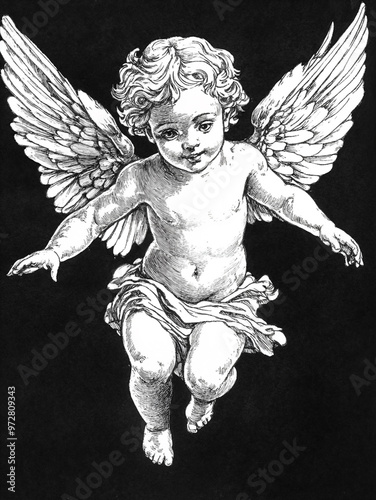 A classical cherub with wings gracefully floating in the air against a dark background.